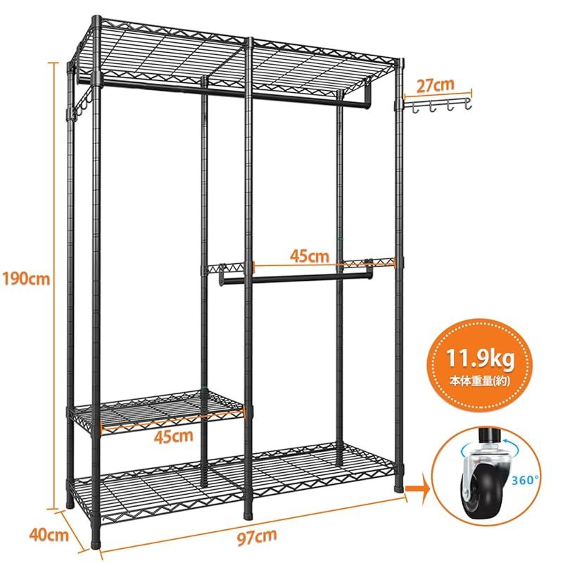 AZAKBL ハンガーラック 頑丈 2段 洋服ラック 大容量 キャスター付き