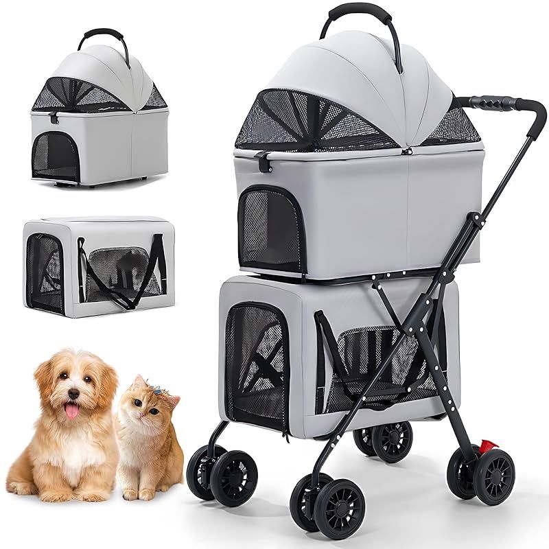 ペットカート 2段式 多頭 安全 多機能 分離型 グレー ペット 犬猫 犬