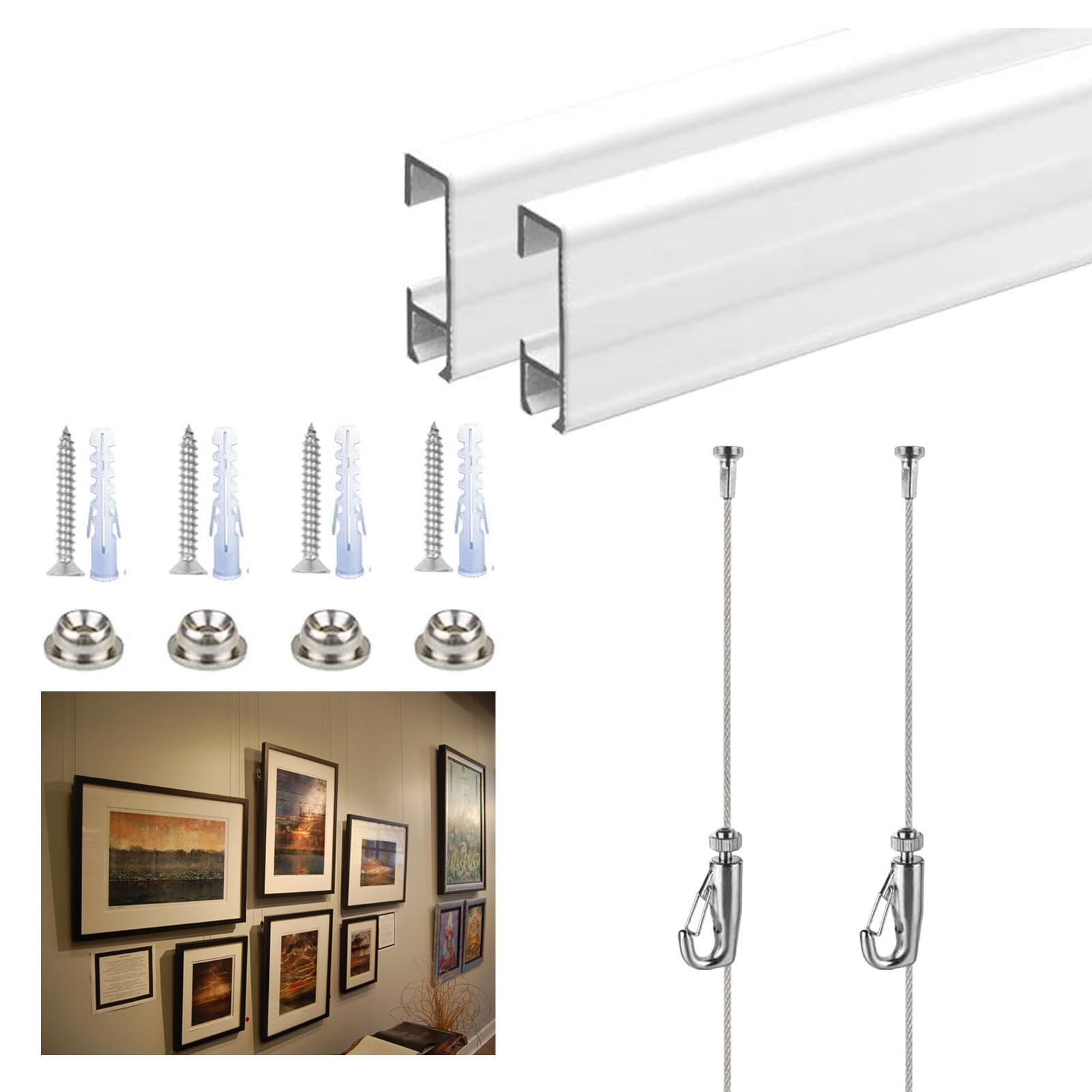 MYCOLO ピクチャーレールセット 壁面用 ワイヤーフック 後入れ 額縁 絵画 写真 時計 吊り下げ 壁掛け用 取扱説明書付き 2m