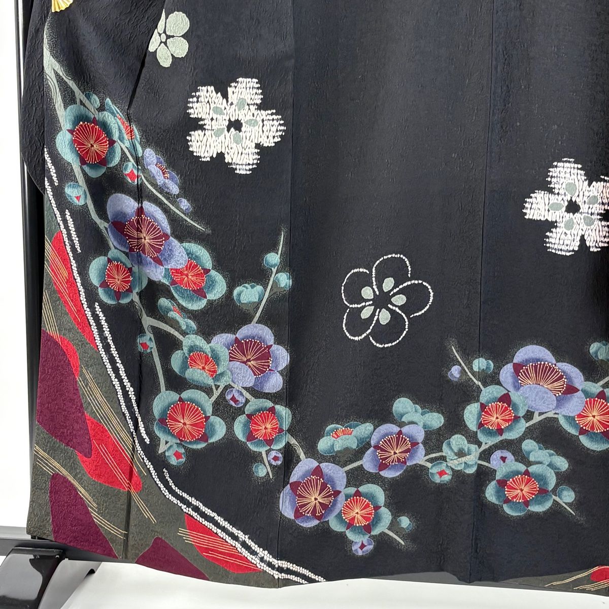 振袖 身丈158.5cm 裄丈67cm M 袷 袋帯フルセット 枝梅 幾何学模様 金彩 絞り 黒 正絹 秀品