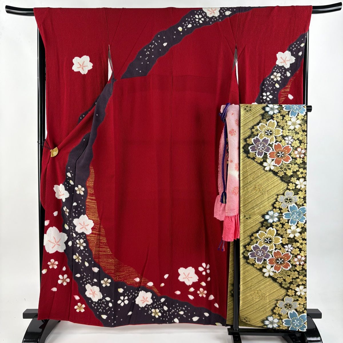 新品/お取寄 振袖フルセット 振袖帯セット 袷 桜 草花 金彩 絞り 緑 