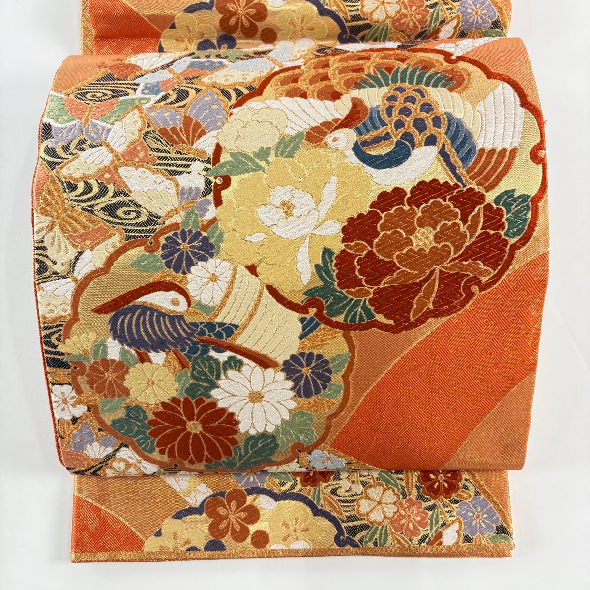 袋帯 秀品 関西仕立て 雪輪 花鳥 唐織 箔 オレンジ 六通 正絹
