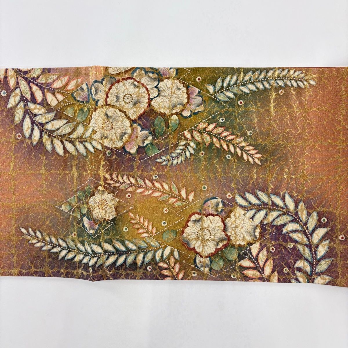 美品 袋帯 名品 辻が花 銀通し 箔 薄茶色 お太鼓柄 正絹 中古 美品 【