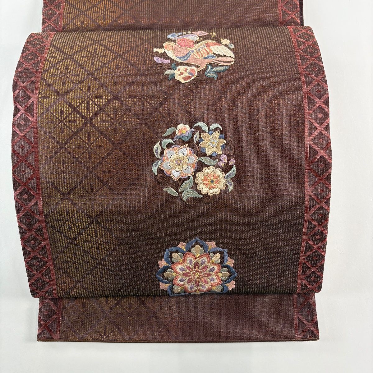 袋帯 秀品 鴛鴦 華文 刺繍 金糸 赤紫 お太鼓柄 正絹