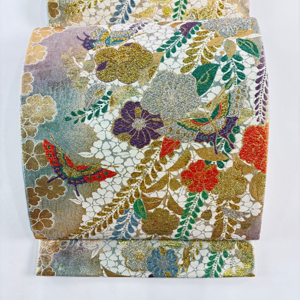 袋帯 秀品 振袖向き 辻ヶ花柄 蝶 金銀糸 箔 銀色 六通 正絹