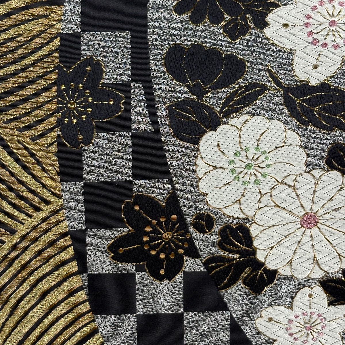 袋帯 秀品 振袖向き 桜 波 金糸 箔 黒 六通 正絹