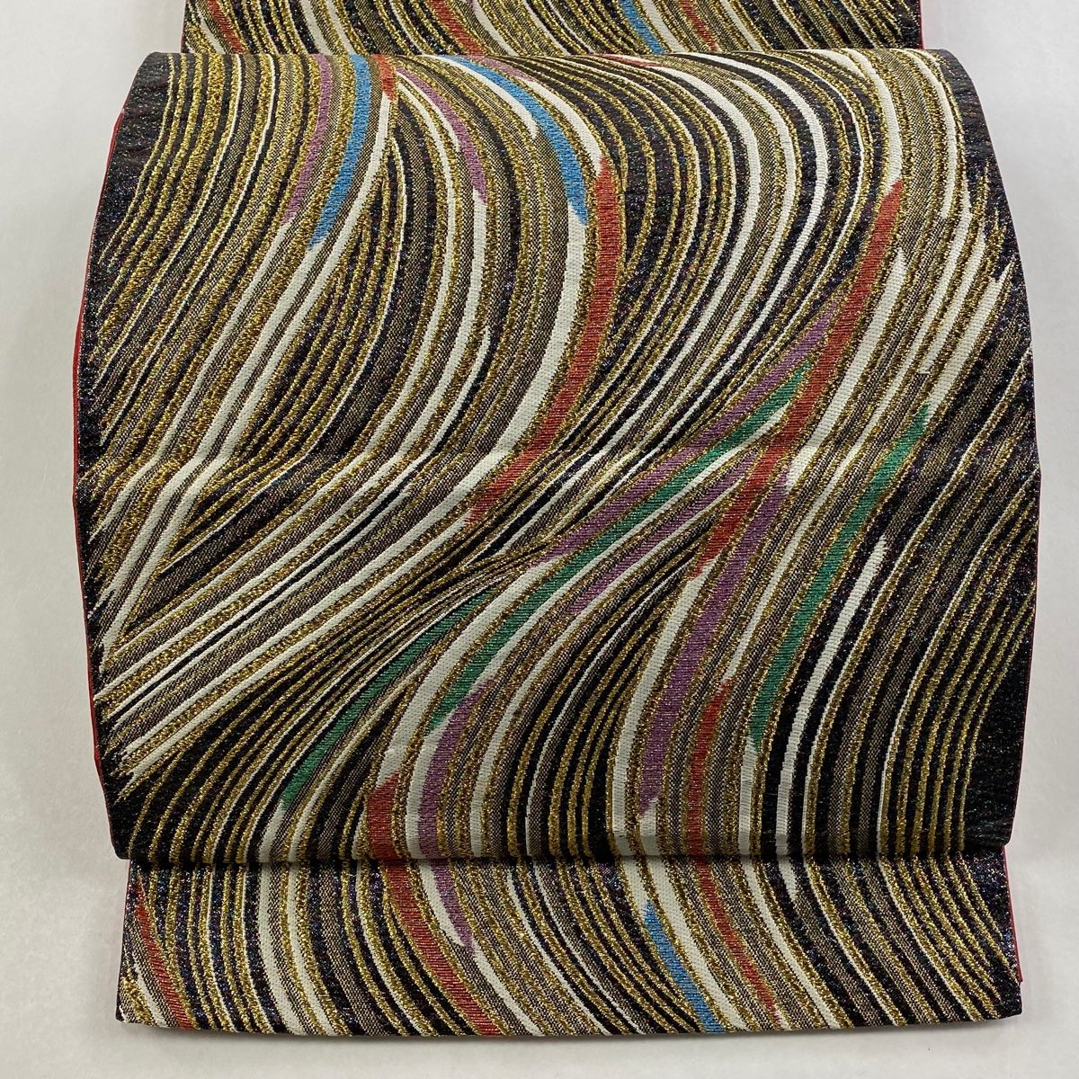 袋帯 秀品 全通両面織 流水 幾何学模様 箔 金色 全通 正絹 【中古