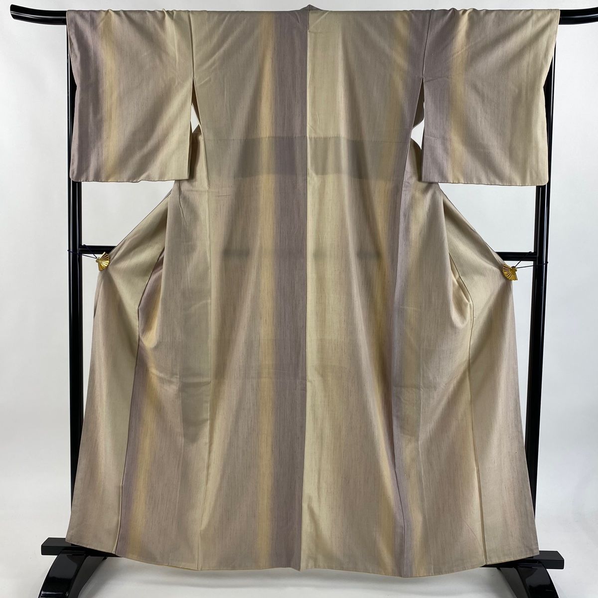 結城紬 身丈161.5cm 裄丈67.5cm L 袷 証紙 縞 ベージュ 正絹 秀品