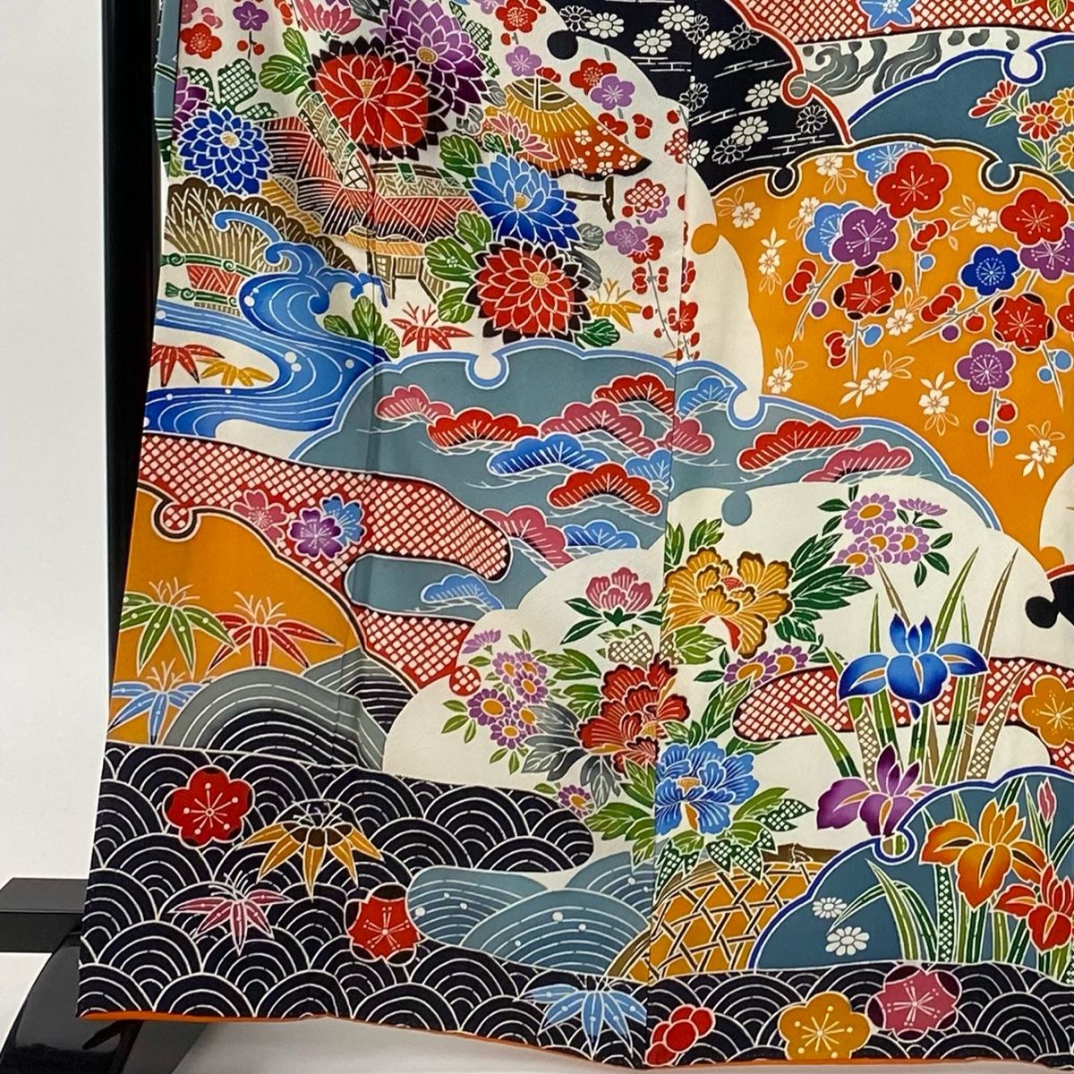 振袖 身丈166.5cm 裄丈67cm M 袷 家屋 菊 染め分け 墨色 正絹 秀品