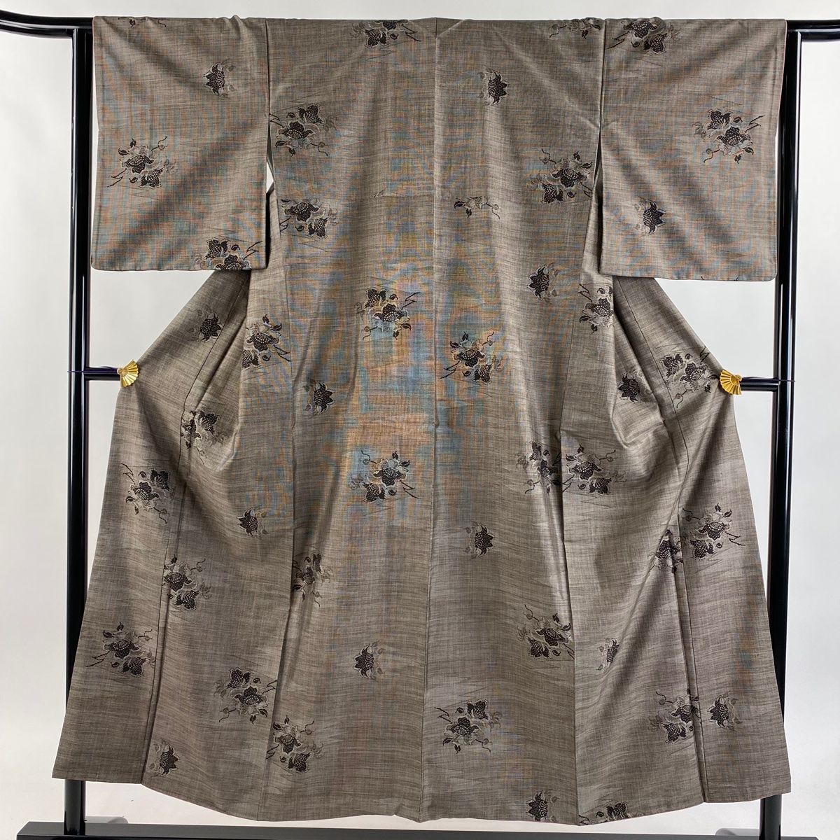 紬 身丈152.5cm 裄丈63cm S 袷 枝花 霞 焦茶色 正絹 秀品