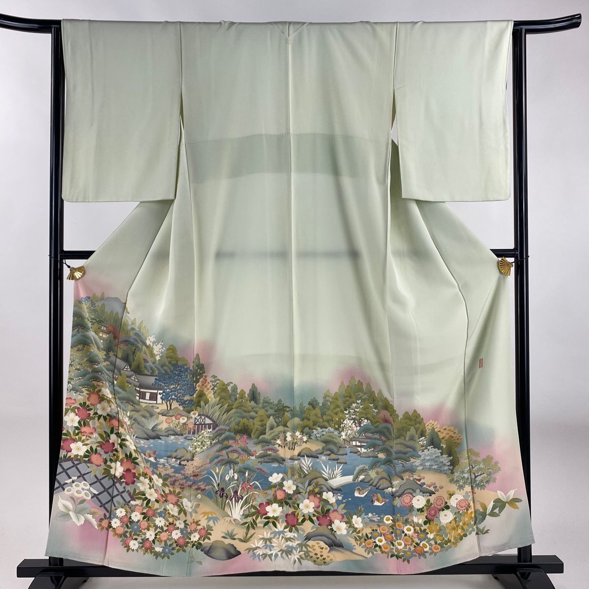 色留袖 身丈158.5 cm 裄丈64 M 袷 落款 建物 花鳥 ぼかし 薄緑 正絹 秀品 一つ紋