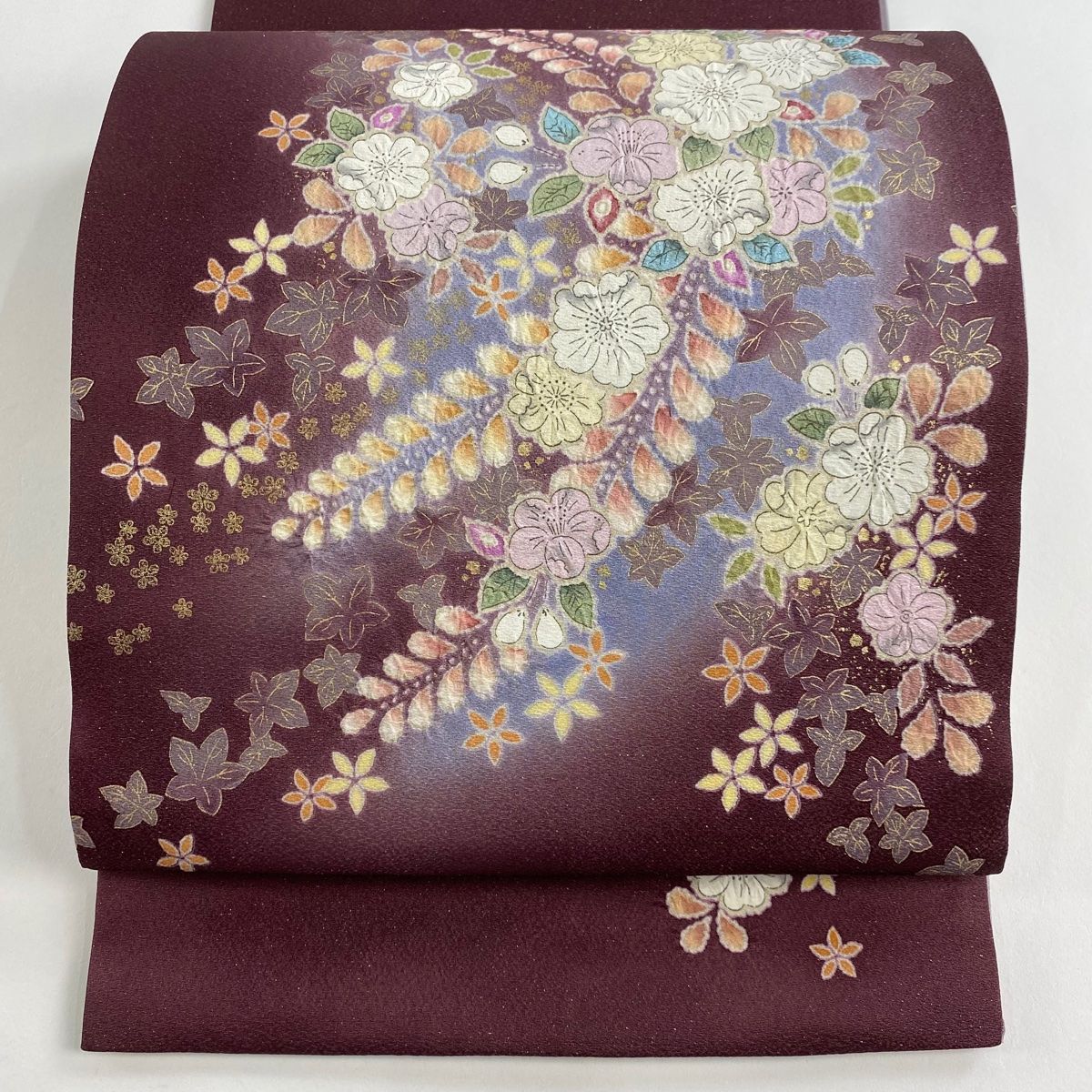 美品】 袋帯 名品 落款 辻が花 銀糸 金彩 茶紫 お太鼓柄 正絹 【中古