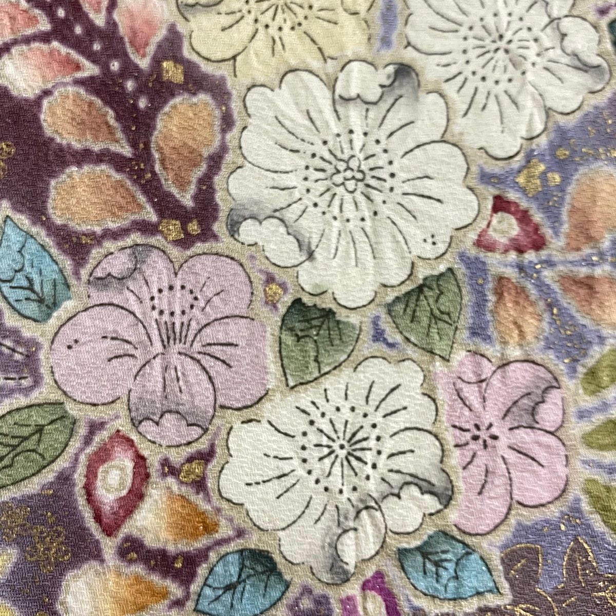 美品】 袋帯 名品 落款 辻が花 銀糸 金彩 茶紫 お太鼓柄 正絹 【中古