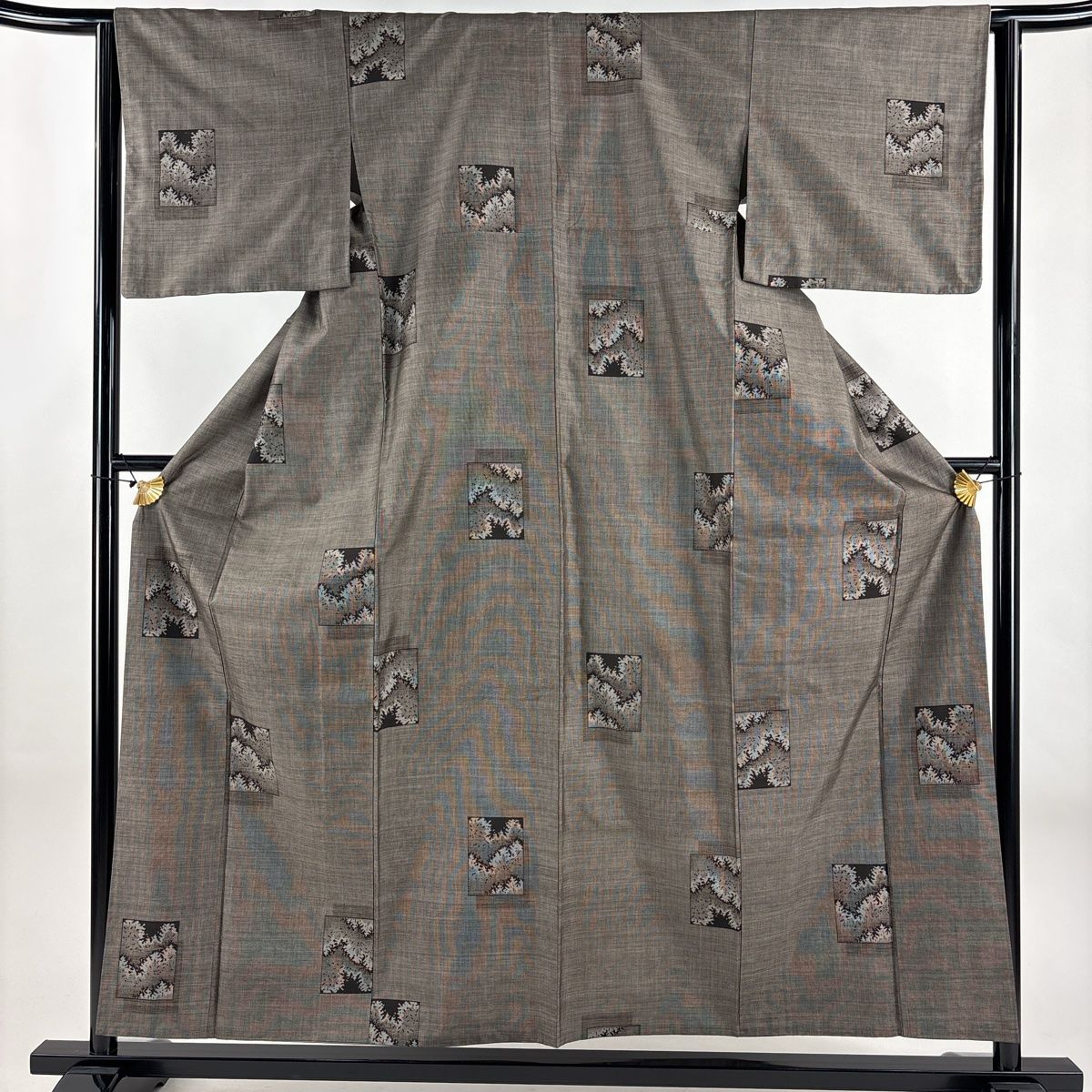 紬 身丈156.5cm 裄丈63.5cm S 袷 色紙 樹木 焦茶色 正絹