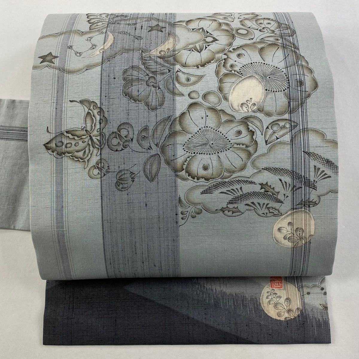 美品】 名古屋帯 逸品 大脇一心 落款 紬地 辻が花 蝶 青灰色 正絹