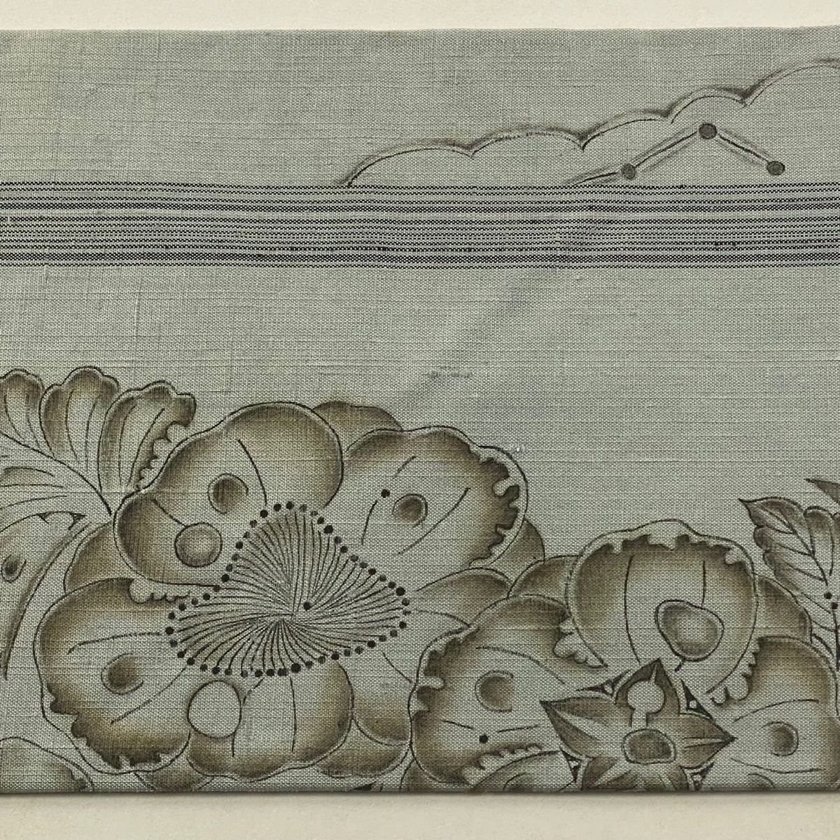 美品】 名古屋帯 逸品 大脇一心 落款 紬地 辻が花 蝶 青灰色 正絹