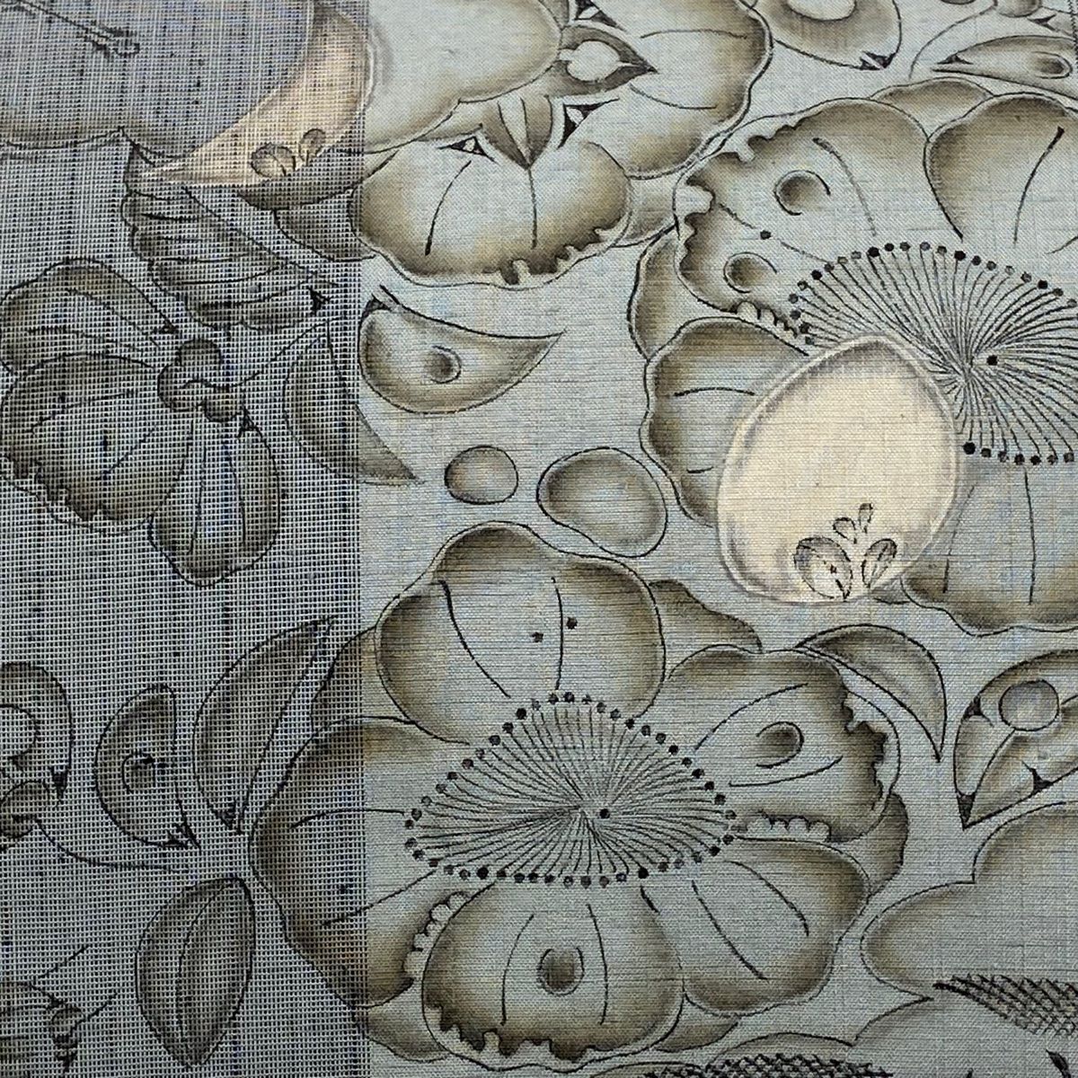 美品】 名古屋帯 逸品 大脇一心 落款 紬地 辻が花 蝶 青灰色 正絹