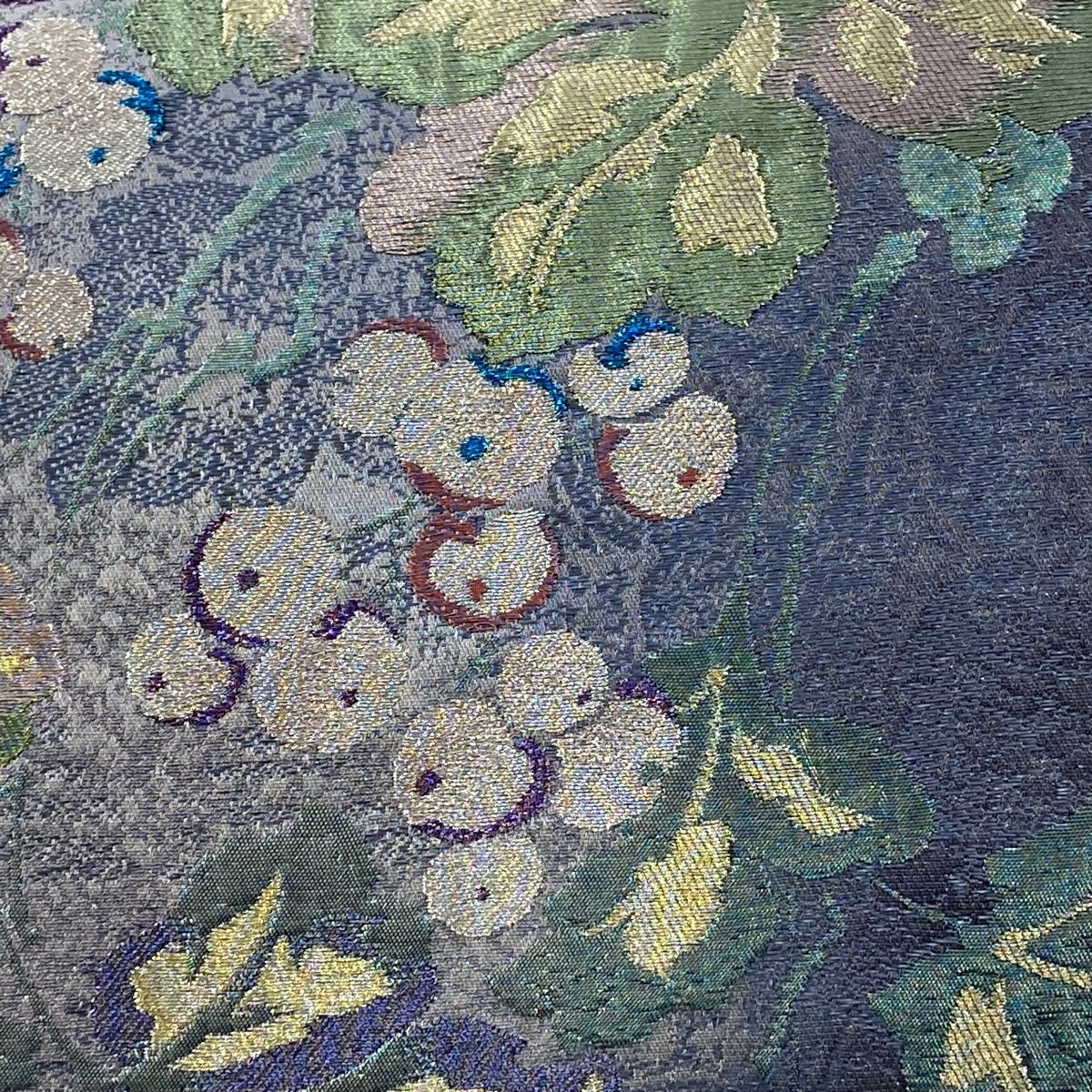 袋帯 証紙 関西仕立て 葡萄 金銀糸 箔 灰色 六通 正絹