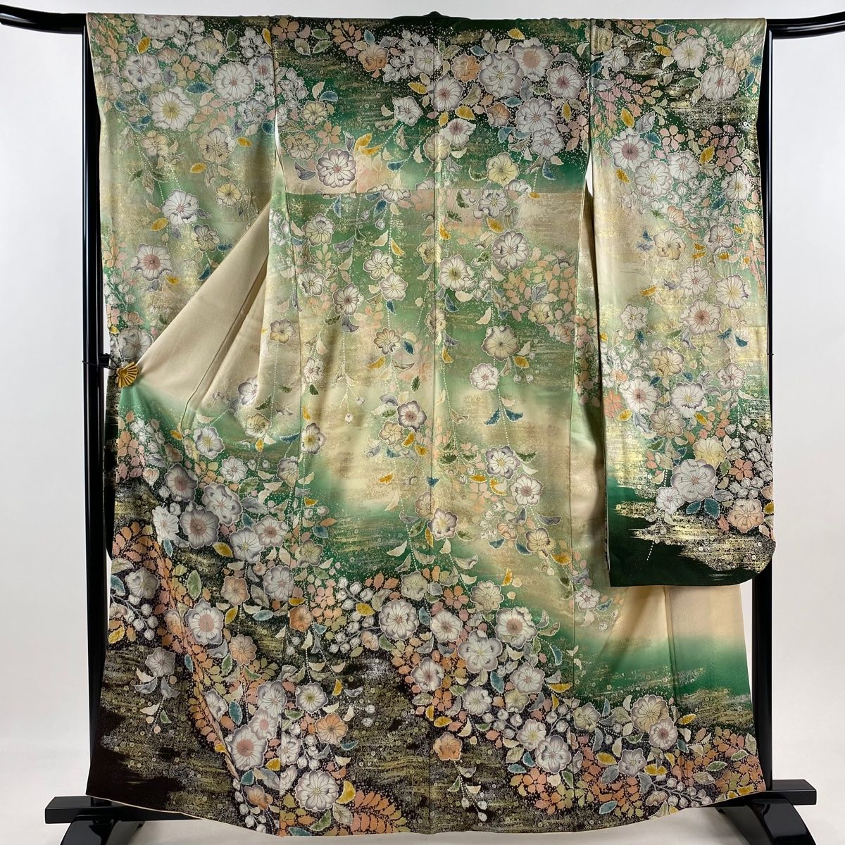 振袖 身丈162.5cm 裄丈65cm M 袷 桜 葉柄 銀通し 金銀彩 深緑 正絹