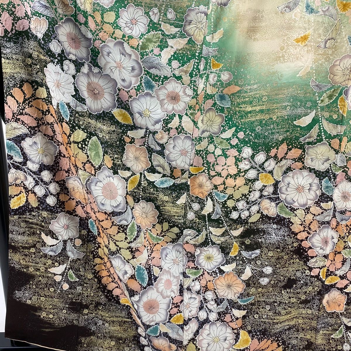 振袖 身丈162.5cm 裄丈65cm M 袷 桜 葉柄 銀通し 金銀彩 深緑 正絹