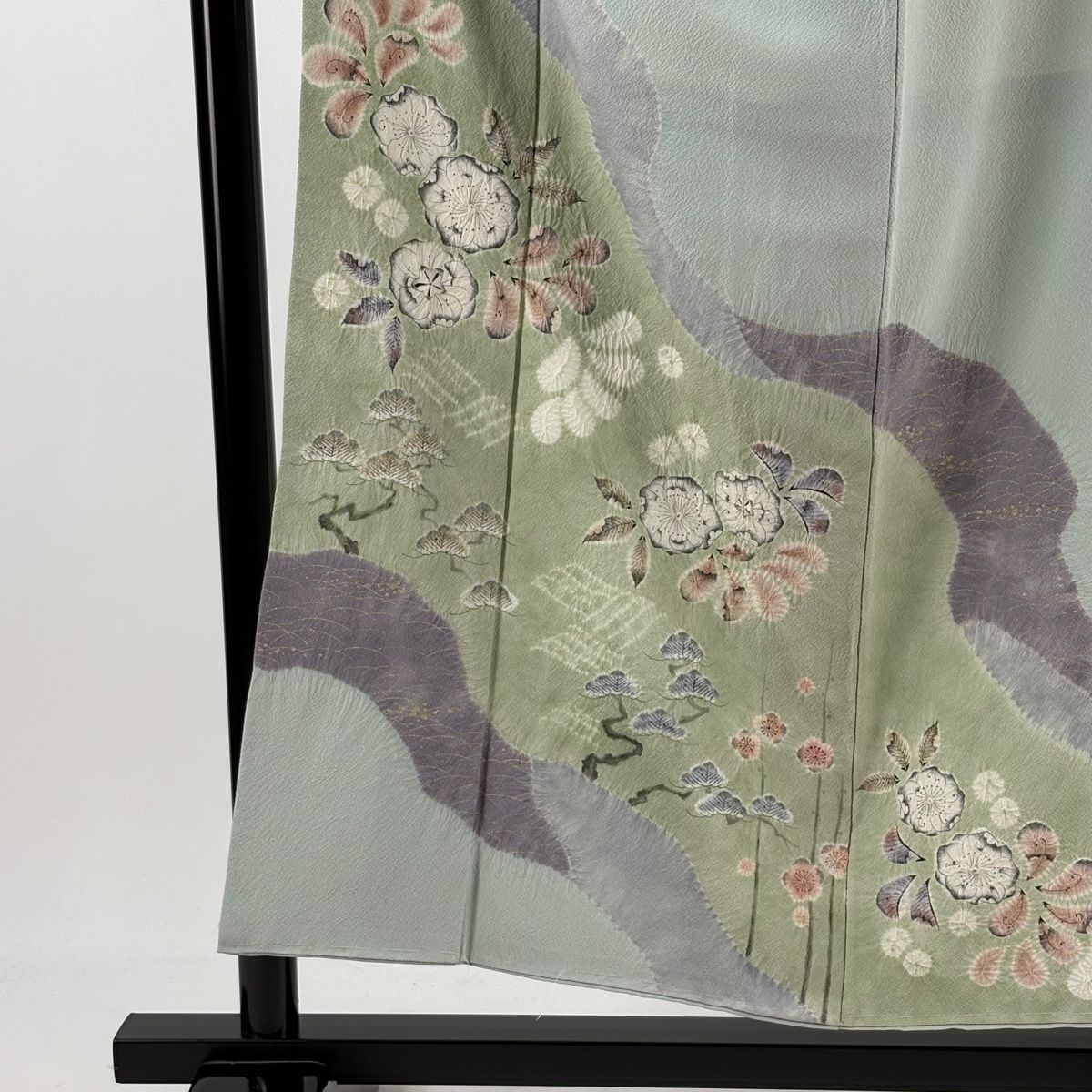 訪問着 身丈154.5cm 裄丈63cm S 袷 滝泰 落款 辻ヶ花 松梅 金彩 ぼかし 灰緑 正絹
