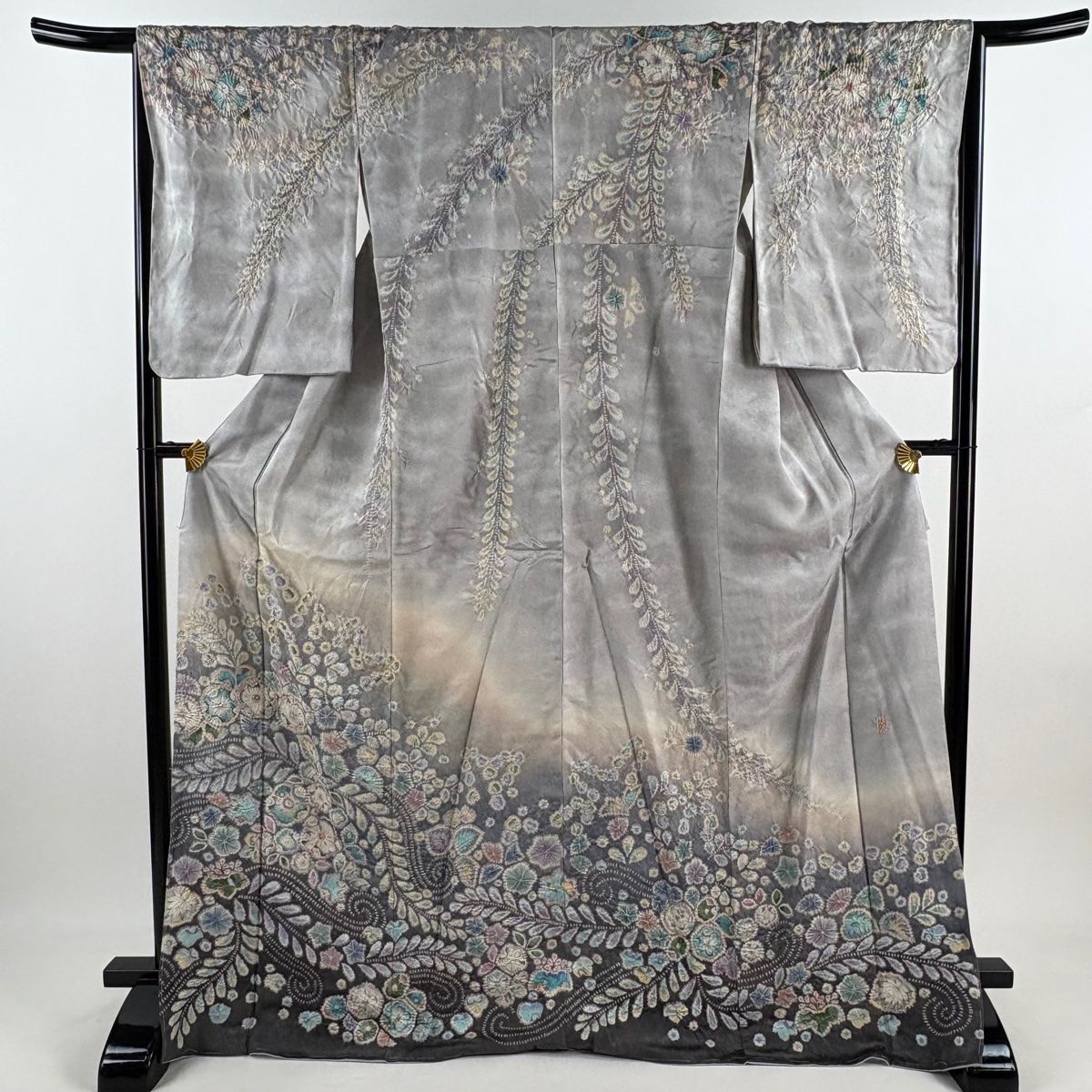 訪問着 身丈172.5cm 裄丈65cm M 袷 翠山工房 落款 辻が花 銀通し ぼかし 灰色 正絹