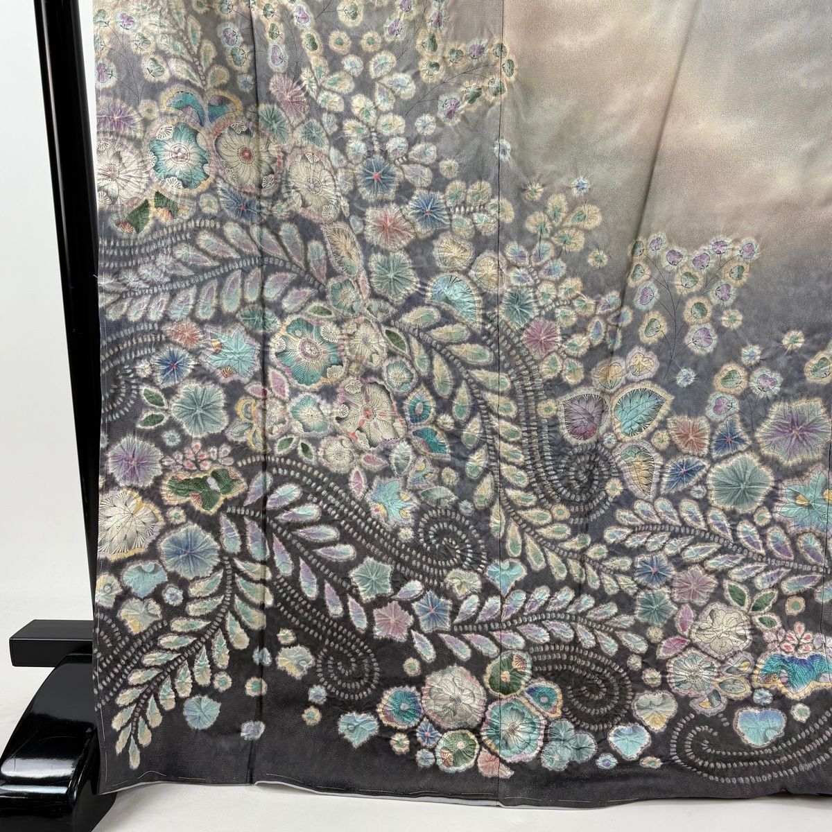 訪問着 身丈172.5cm 裄丈65cm M 袷 翠山工房 落款 辻が花 銀通し ぼかし 灰色 正絹