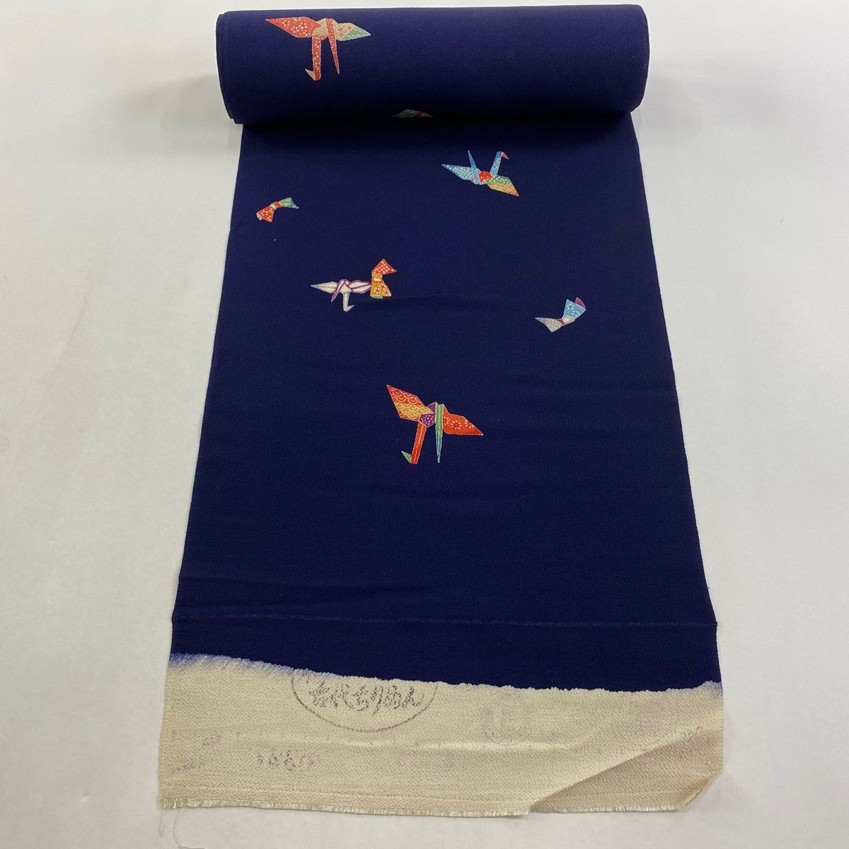 反物 秀品 小紋 折り鶴 青海波 縮緬 紺色 正絹