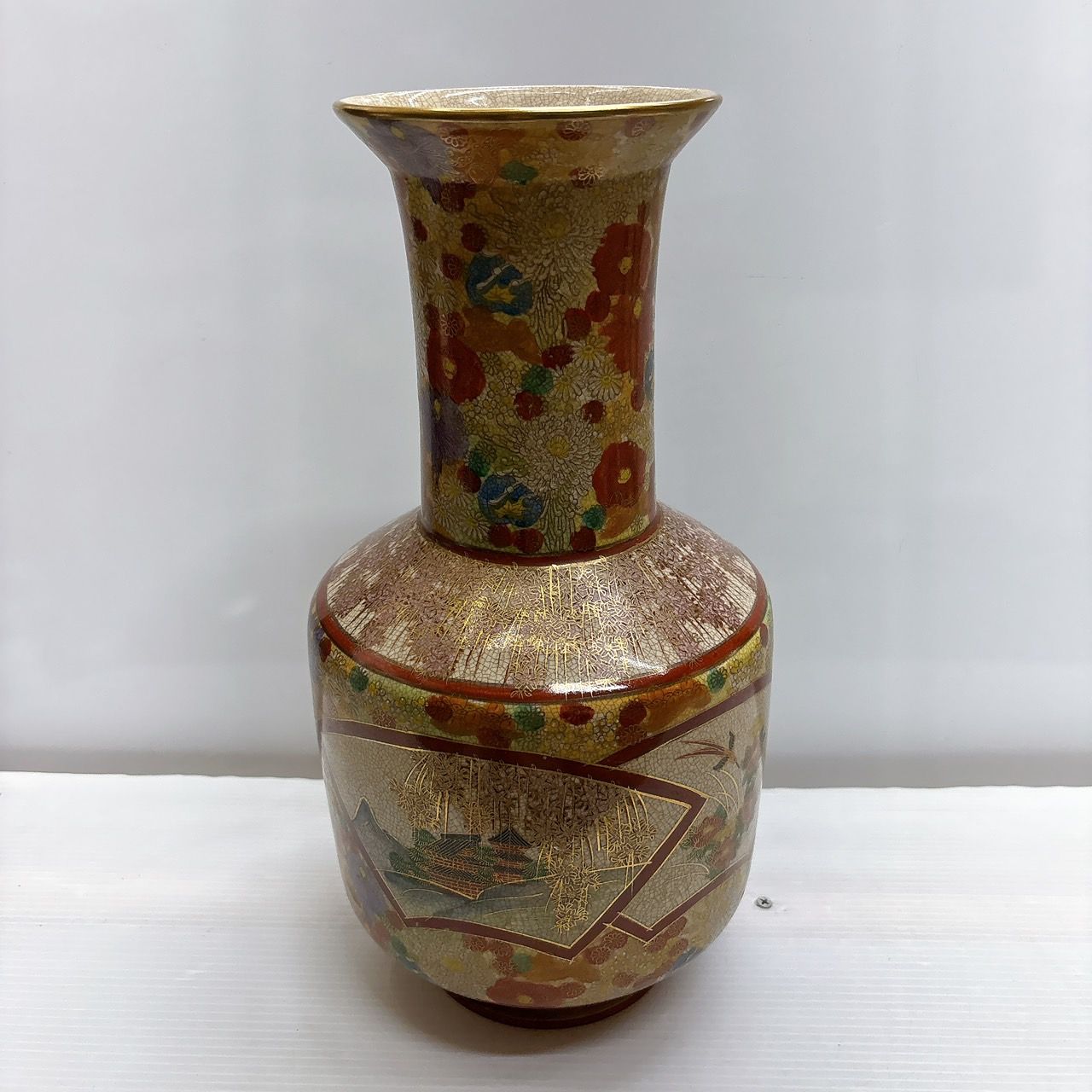 h9620 薩摩焼 連山 大花瓶 金欄手 花扇面 薩摩連山 花