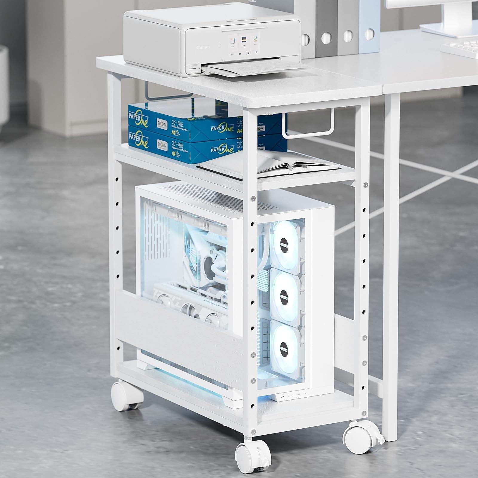 MIYOKI パソコンワゴン PCワゴン 複合機ラック キャスター付き 棚板高さ調節 幅60×奥行30×高さ70cm パソコン収納 木製 デスクサイド収納棚 ストッパー付き 移動便利 ホワイト