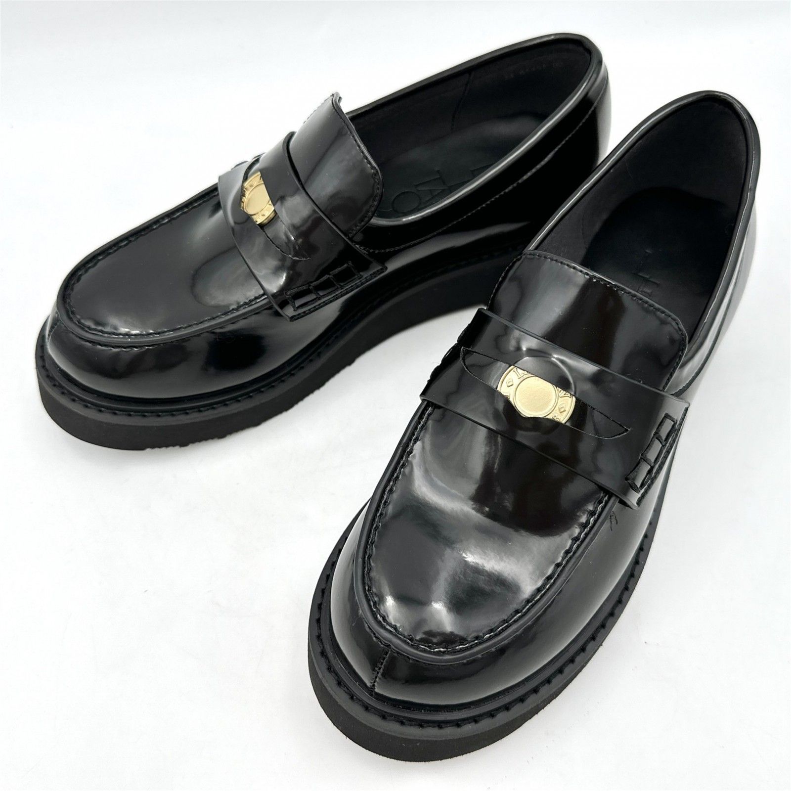 LE TALON 厚底コインローファー 合皮エナメル加工 ブラック 1738T