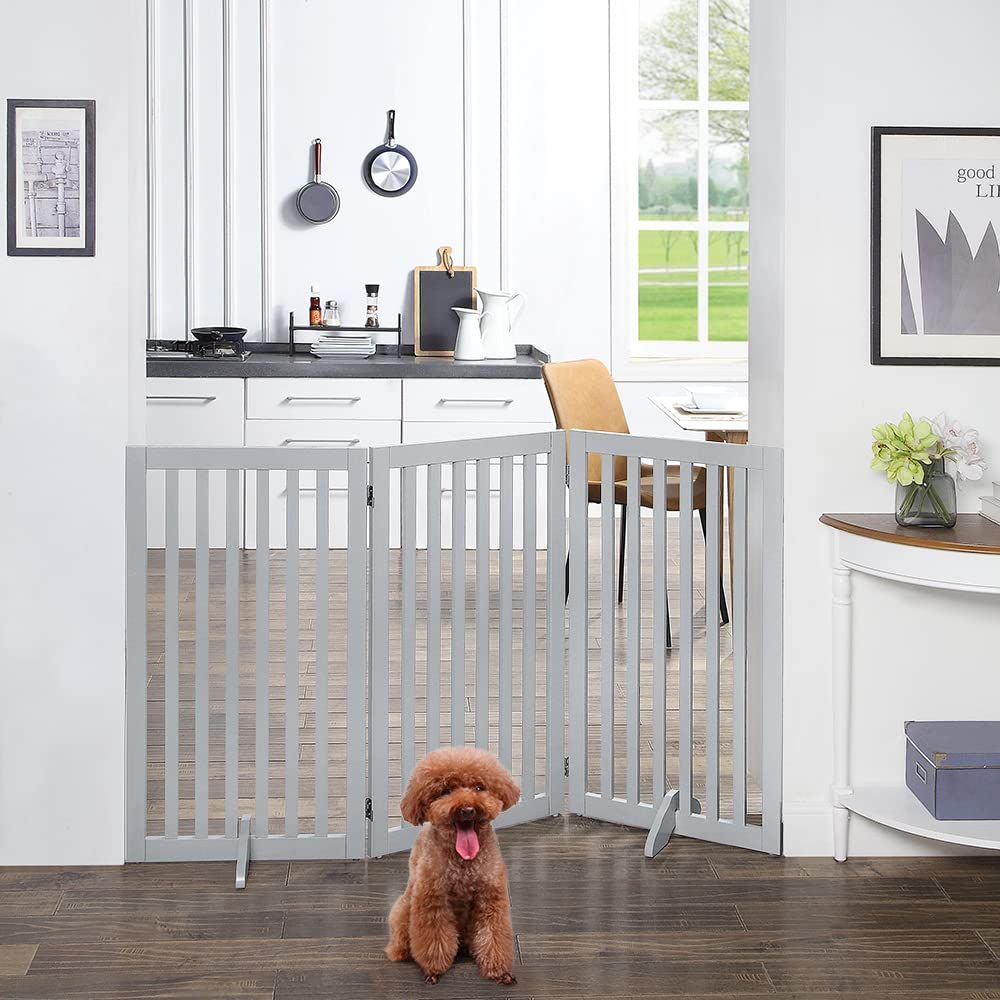  unipaws ペットゲート 置くだけ簡単 木製 折りたたみ式 伸縮 幅91-146 cm 高さ91.5 玄関 階段 ドア用 ペットガード 小型犬 猫 脱走防止 飛び出し防止 収納便利 室内パーテーション ペットフェンス ペット用柵 犬用ゲート ベビーゲート ベビー用セーフティグッズ