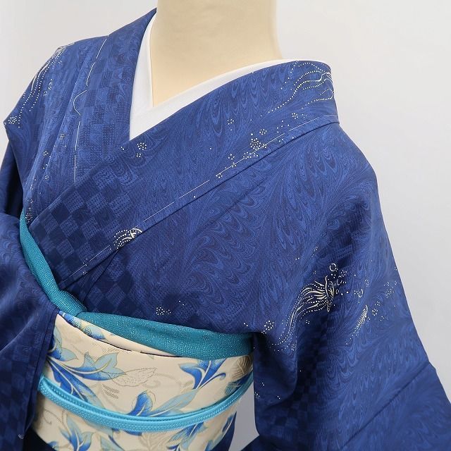 最安価に挑戦！ ❁tomihisa❁ 単衣 BANKAN クラゲ 印伝 墨流し 着物 トール ワイド 仕付け糸付 墨流しの深海にたゆたうクラゲの夢 小紋 6794 全国送料無料。