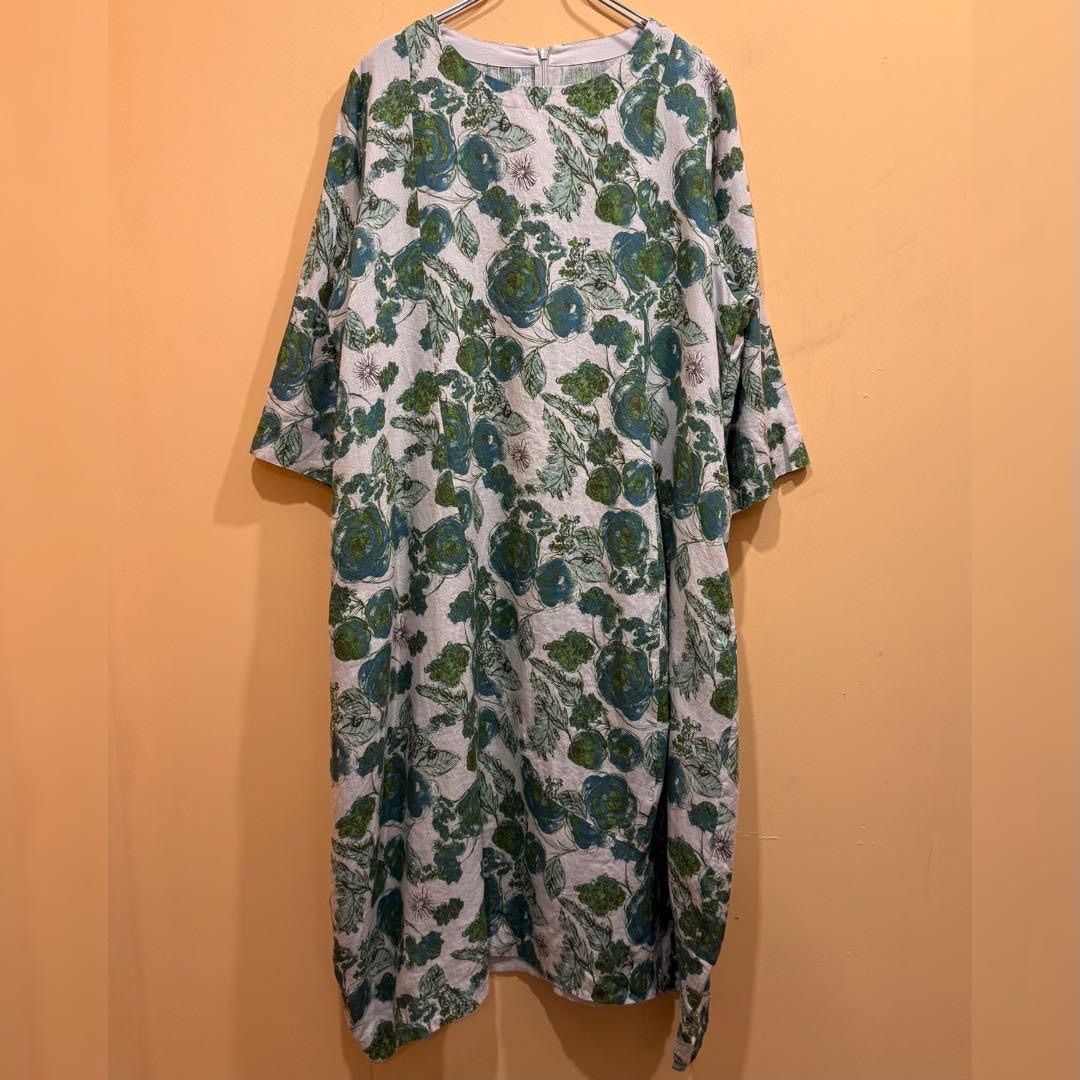 麻 コットンハウスアヤ ワンピース 総柄 水彩画 サイズM み