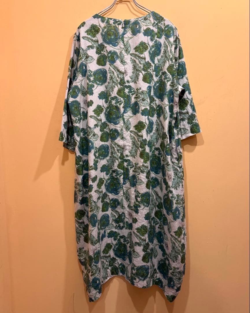 麻 コットンハウスアヤ ワンピース 総柄 水彩画 サイズM み