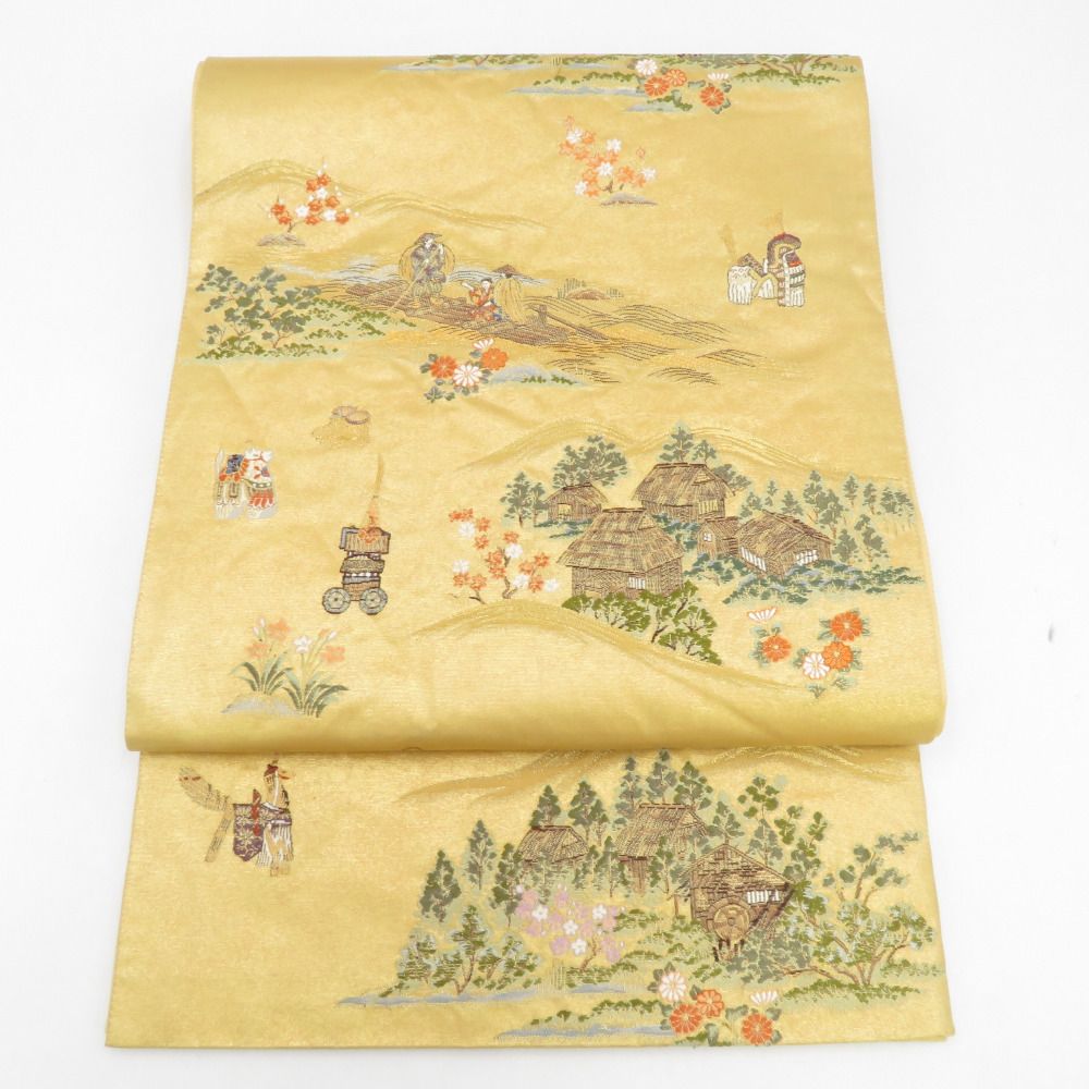 袋帯 金糸 ゴールド系 刺繍入り 本金箔 奥の細道絵紋 金泥箔 金色x緑色x多色 き 六通柄 正絹 仕立て上がり 長さ432cm