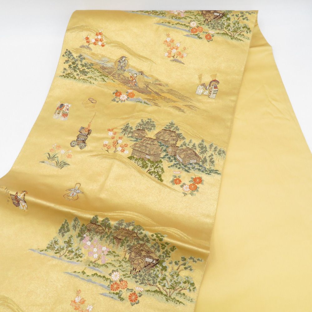 袋帯 金糸 ゴールド系 刺繍入り 本金箔 奥の細道絵紋 金泥箔 金色x緑色x多色 き 六通柄 正絹 仕立て上がり 長さ432cm
