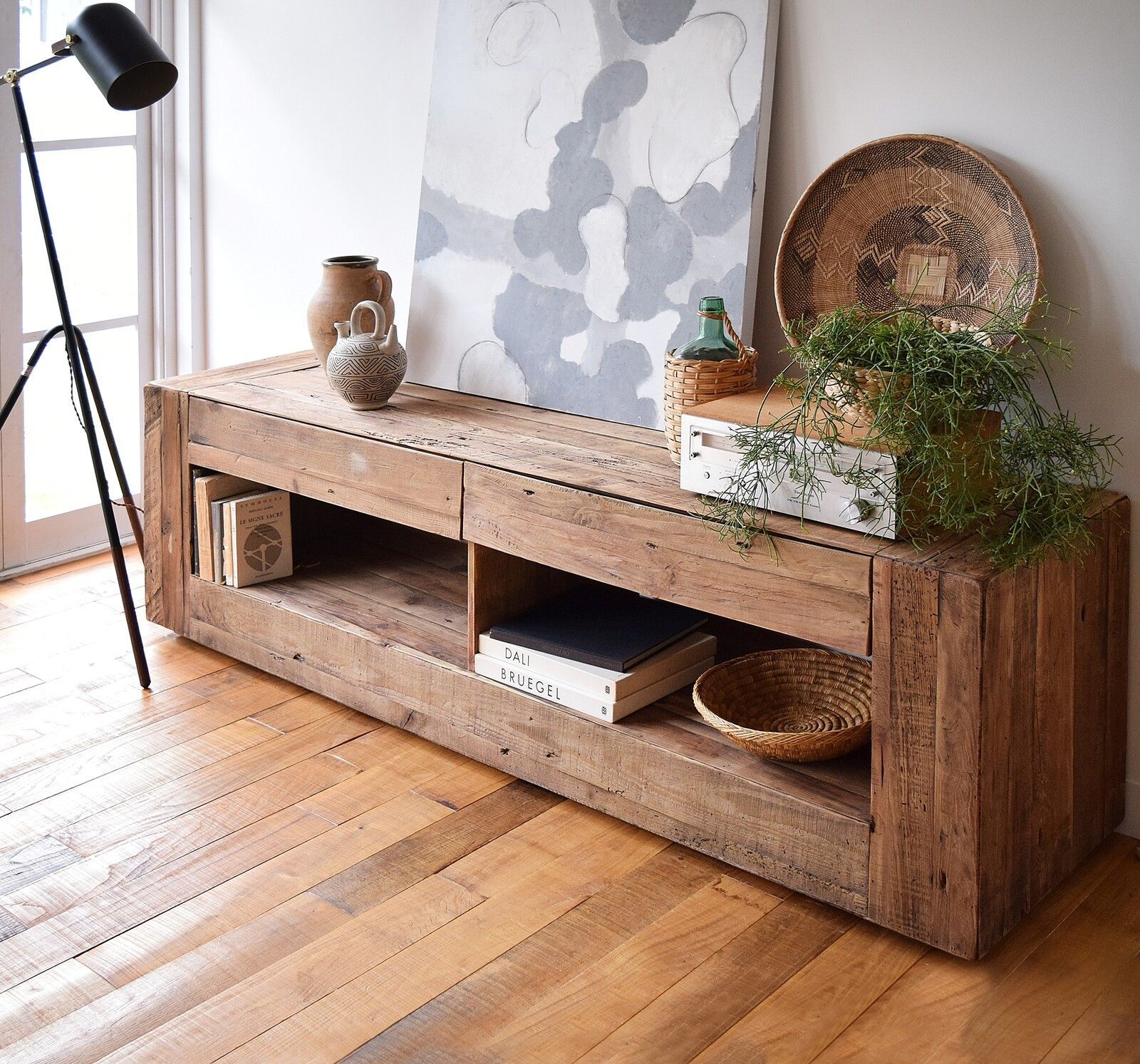 天然木 古材 アンティーク調 ローボード 幅210cm テレビボード リビングボード テレビ台 TVボード