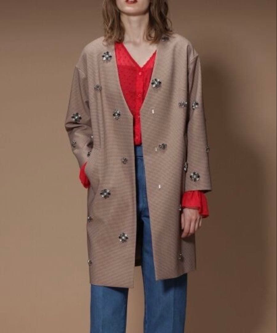 【美品】グレースコンチネンタル チェック ビジュー コート GRACE CONTINENTAL チェックノーカラーコート ビジュー装飾 36 【送料