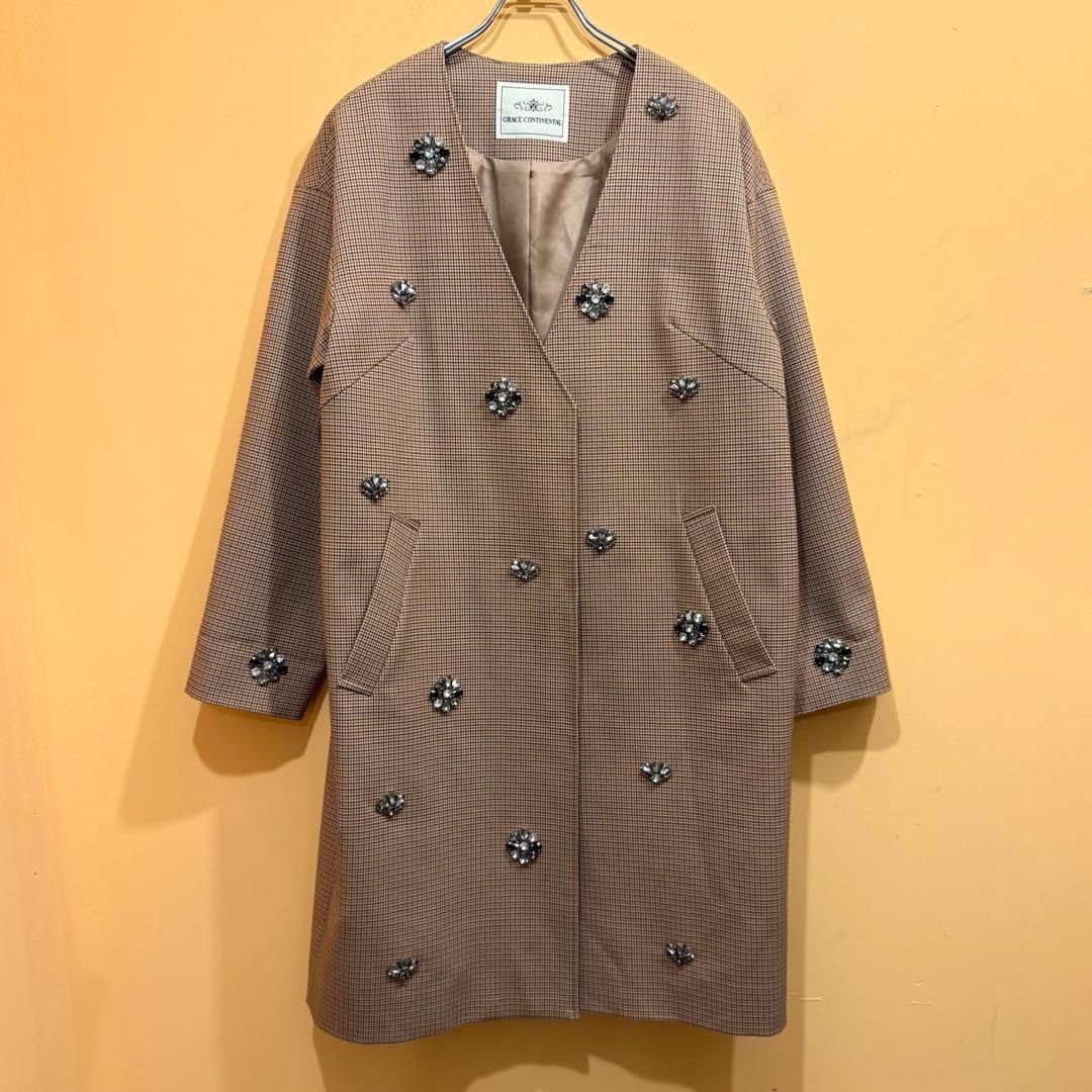 GRACE CONTINENTAL チェックノー コート ビジュー装飾 36 み