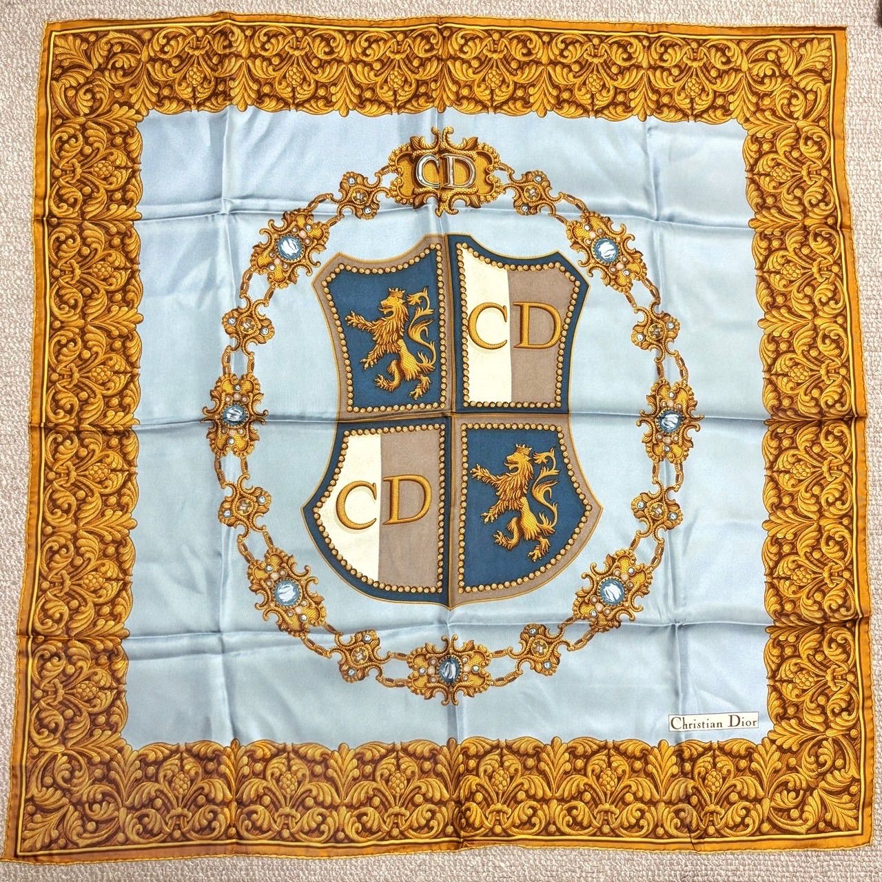 Christian Dior クリスチャンディオール スカーフ バンダナ 総柄 エンブレム シルク 絹 ライトブルー 水色 イエロー 黄色 ユニセックス 男女兼用 メンズ レディース