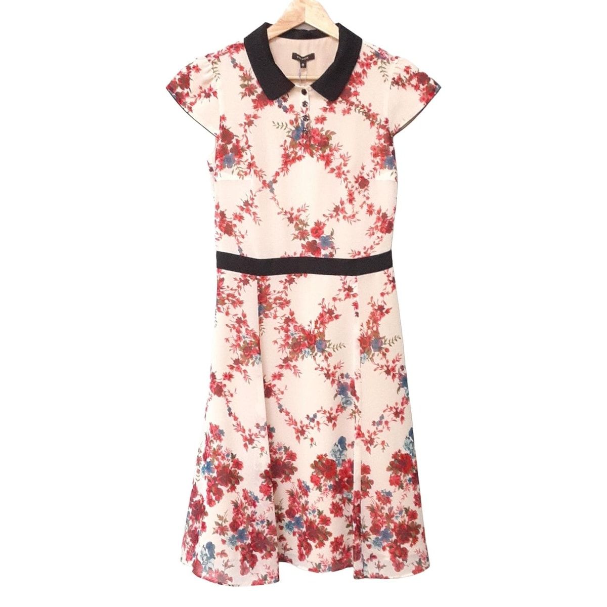 トッカ TOCCA 半袖ワンピース ウエストリボン 0 花柄 TOCCA(トッカ) ワンピース サイズ0 XS レディース美品 - ベージュ