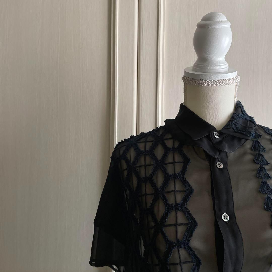 刺繍 ナカガミ NAKAGAMI ブラウス シャツ トップス 透け感 ブルー 青 藍色 ネイビー 紺色 お呼ばれ デート オフィスカジュアル 食事会 ２WAY