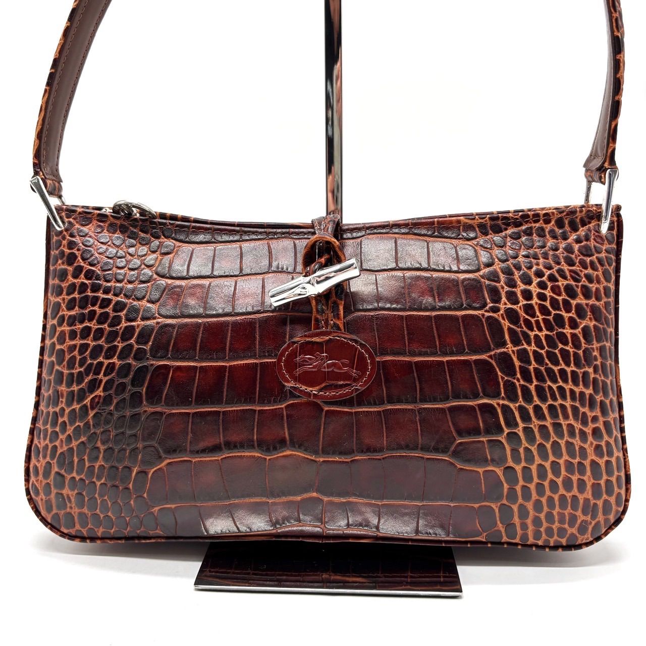 Longchamp ロンシャン ロゾ ハンドバッグ トートバッグ ショルダーバッグ クロコ調 レザー 革 ブラウン 茶色 トグル シルバー金具 ユニセックス 男女兼用 メンズ レディース