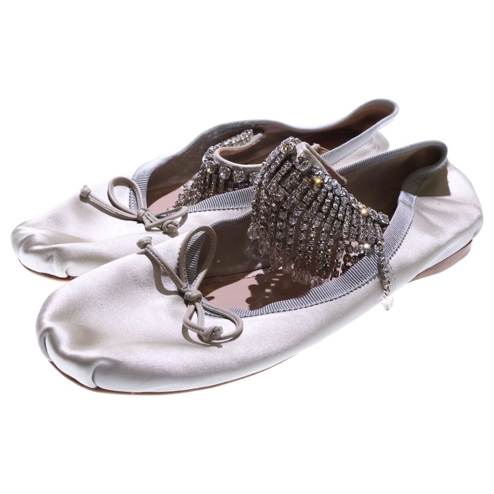 miumiu ミュウミュウ ラインストーン ビジュー装飾 リボン サテン フラット バレエ シューズ グレー シルバー レディース