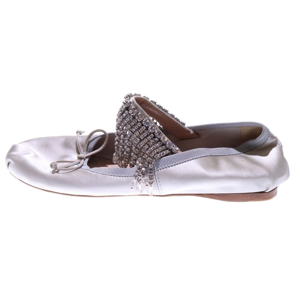 miumiu ミュウミュウ ラインストーン ビジュー装飾 リボン サテン フラット バレエ シューズ グレー シルバー レディース