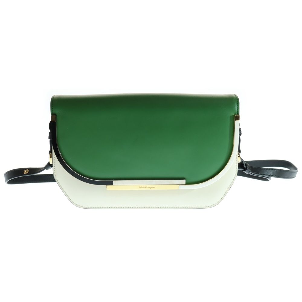 Salvatore Ferragamo サルヴァトーレ フェラガモ レザー ショルダーバッグ レディース グリーン ホワイト DY-21 F659