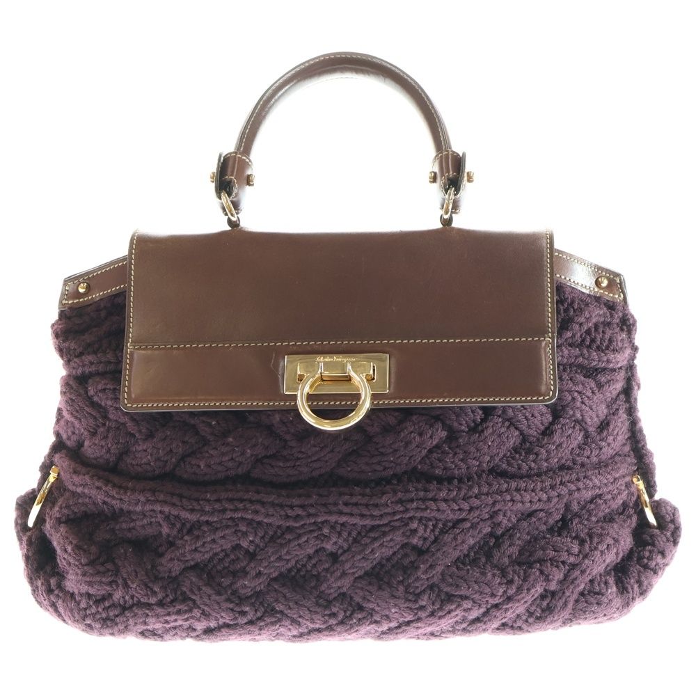 FERRAGAMO フェラガモ ガンチーニ 2WAY ニット ハンドバッグ ショルダーバッグ ブラウン レディース