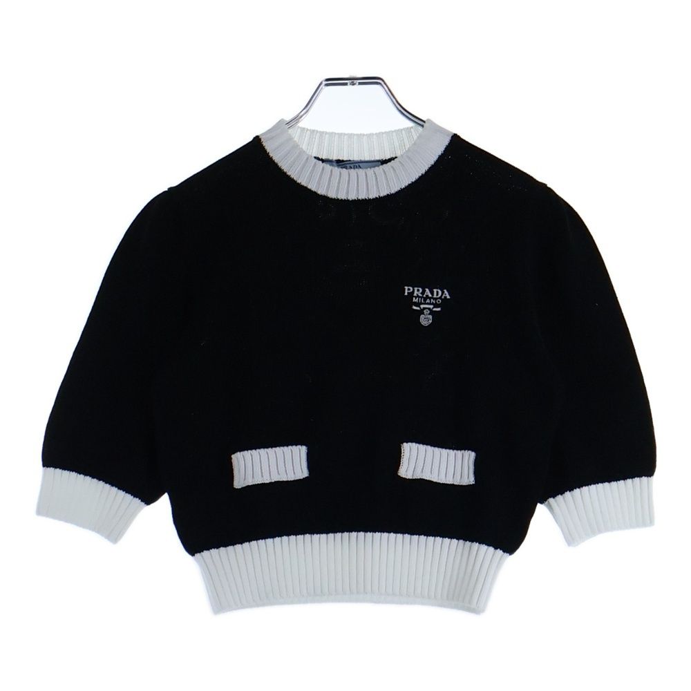 PRADA プラダ ロゴ クロップド半袖ニット セーター ブラック×ホワイト コットンレディース P24I1R