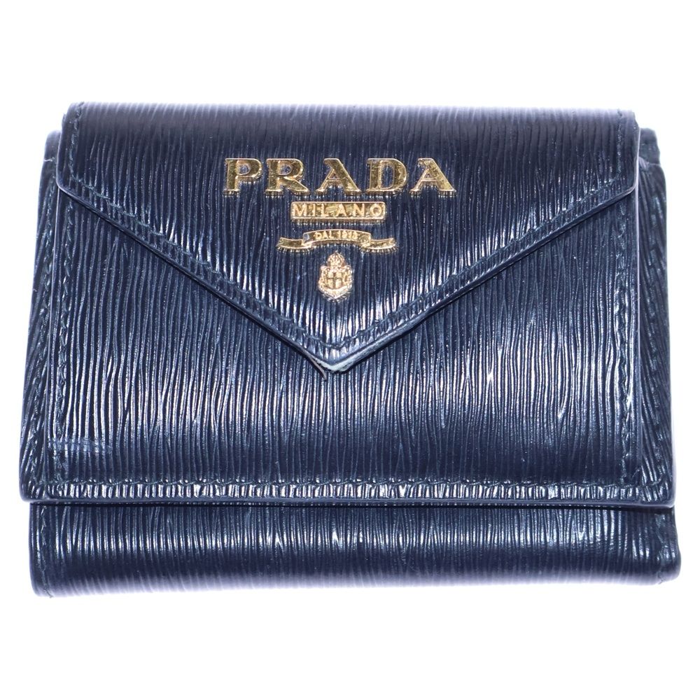 PRADA プラダ 三つ折り財布 コンパクトウォレット ブラック レザー